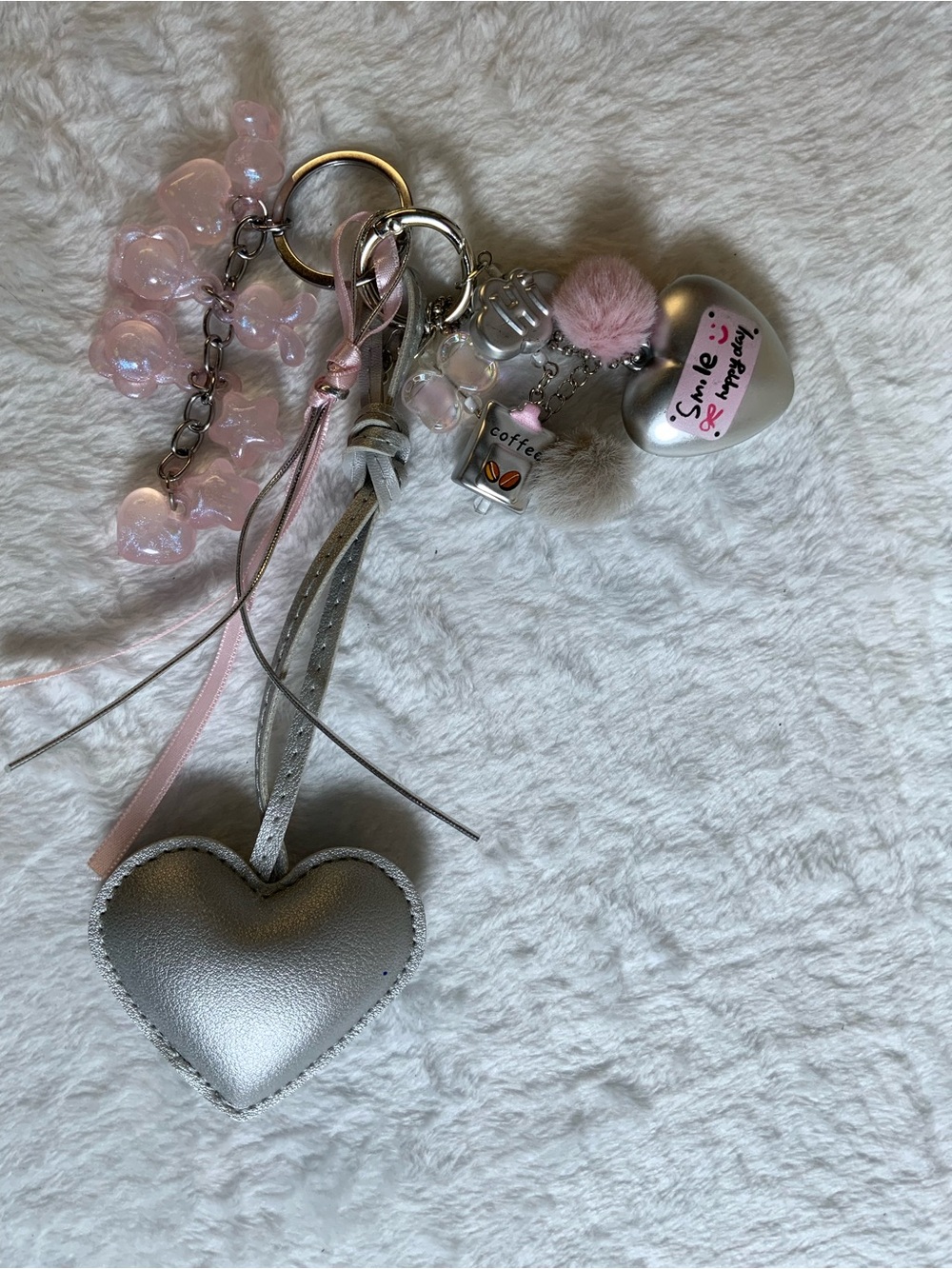 Silver Heart Charm Keychain with Pink Accents